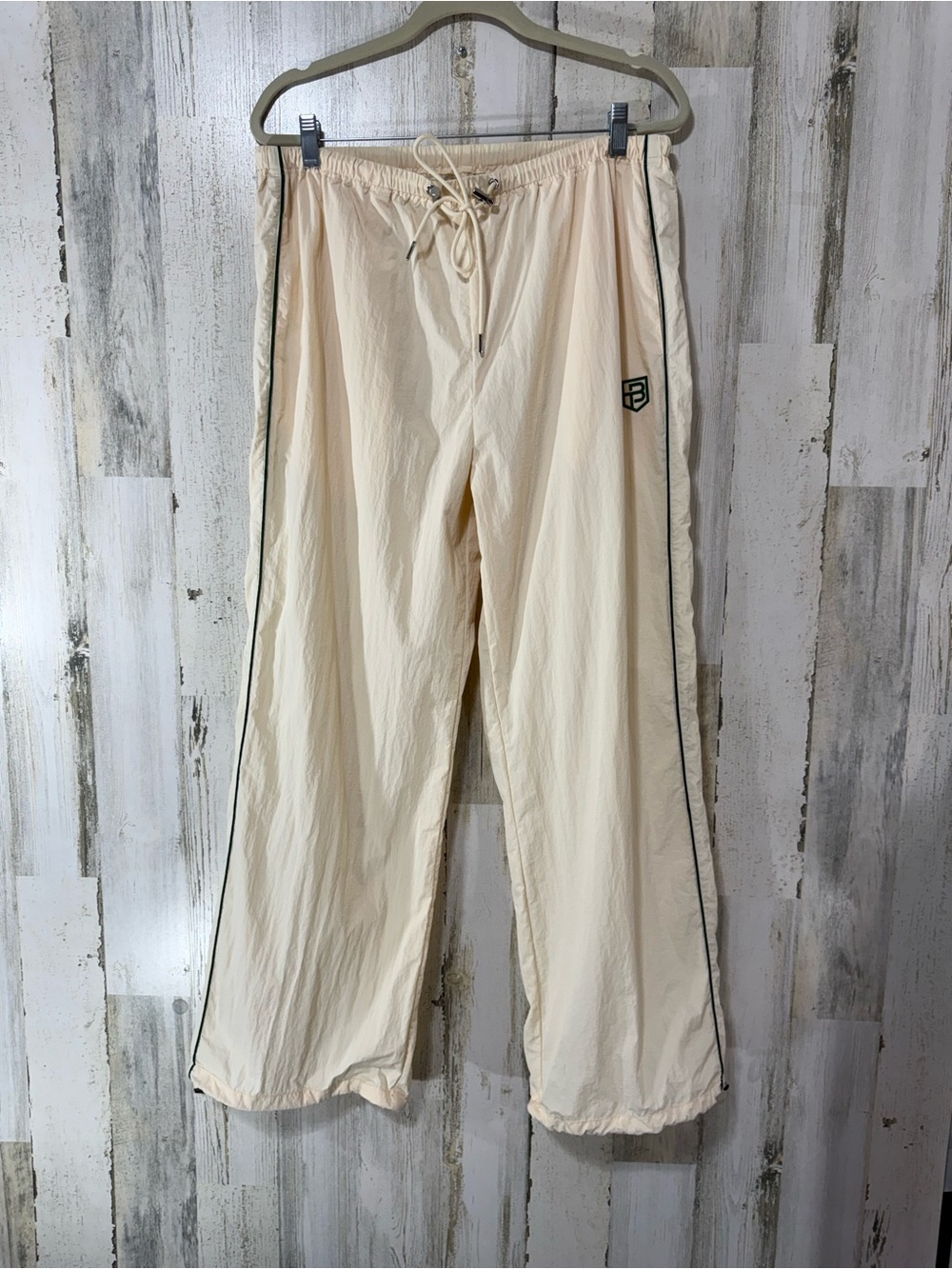 Bo & Tee Cream Drawstring Parachute Track Pants Green Stripes Piping Wide Leg